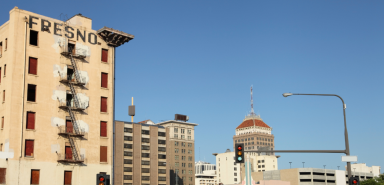 Fresno Downtown drone shot showcasing digital marketing in California.