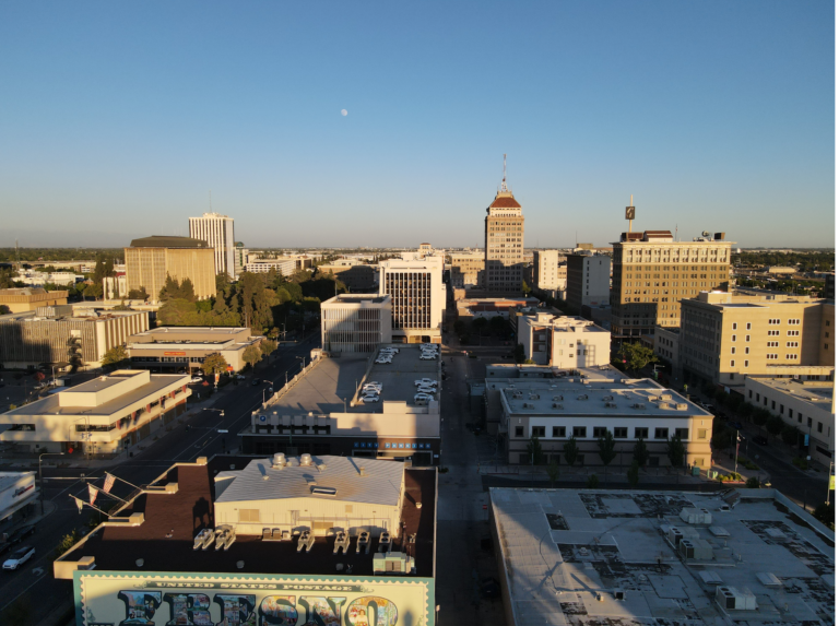 Fresno city drone shot showcasing digital marketing in California.