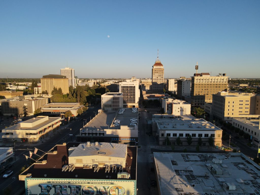 Fresno city drone shot showcasing digital marketing in California.