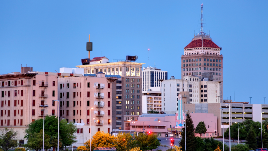 Fresno city drone shot showcasing digital marketing in California.